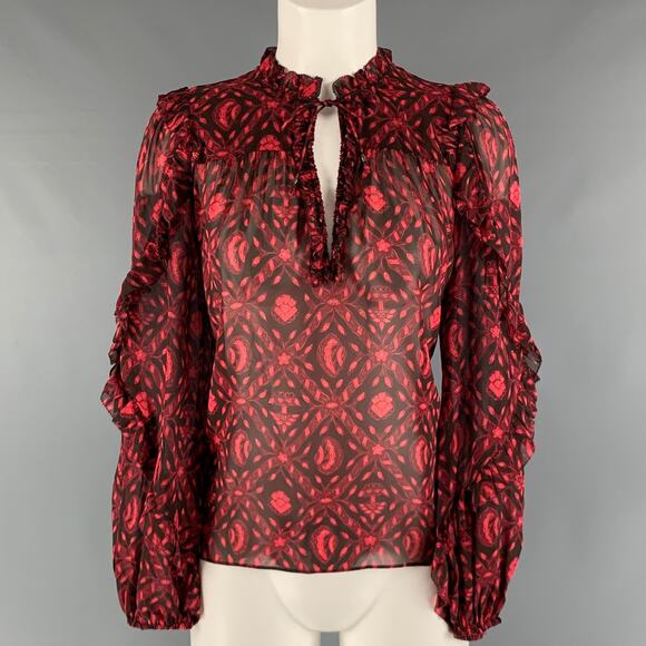 ULLA JOHNSON Size 2 Red Black Silk Abstract V-Neck Casual Top - Picture 1 of 1